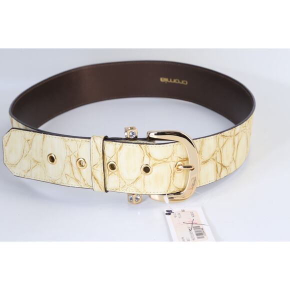 Wide Croc Embossed Leather Belt Size 46 Cream Gold Crystal Buckle main image 9